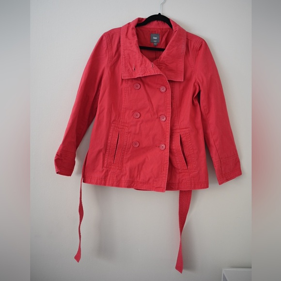 GAP Y2K Women's Red Belted Trench Coat Preppy Coral Spring Jacket Twee - Picture 3 of 8